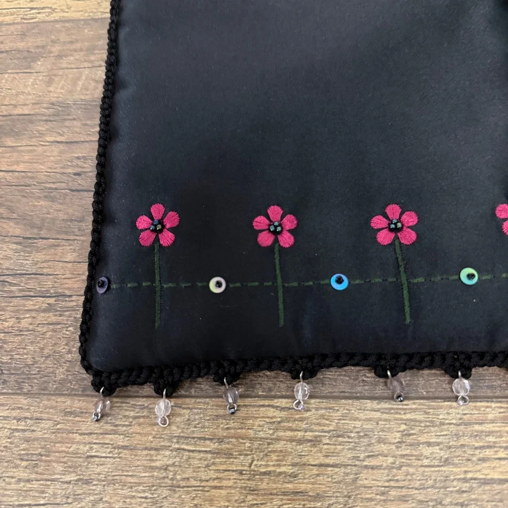 Franchi Mini Evening Bag Womens Small Black Floral Embroidered Satin Vintage